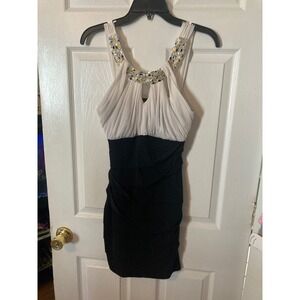 City Triangles Womens Black White Gem Neck Tiered Bodycon Cocktail Dress Large